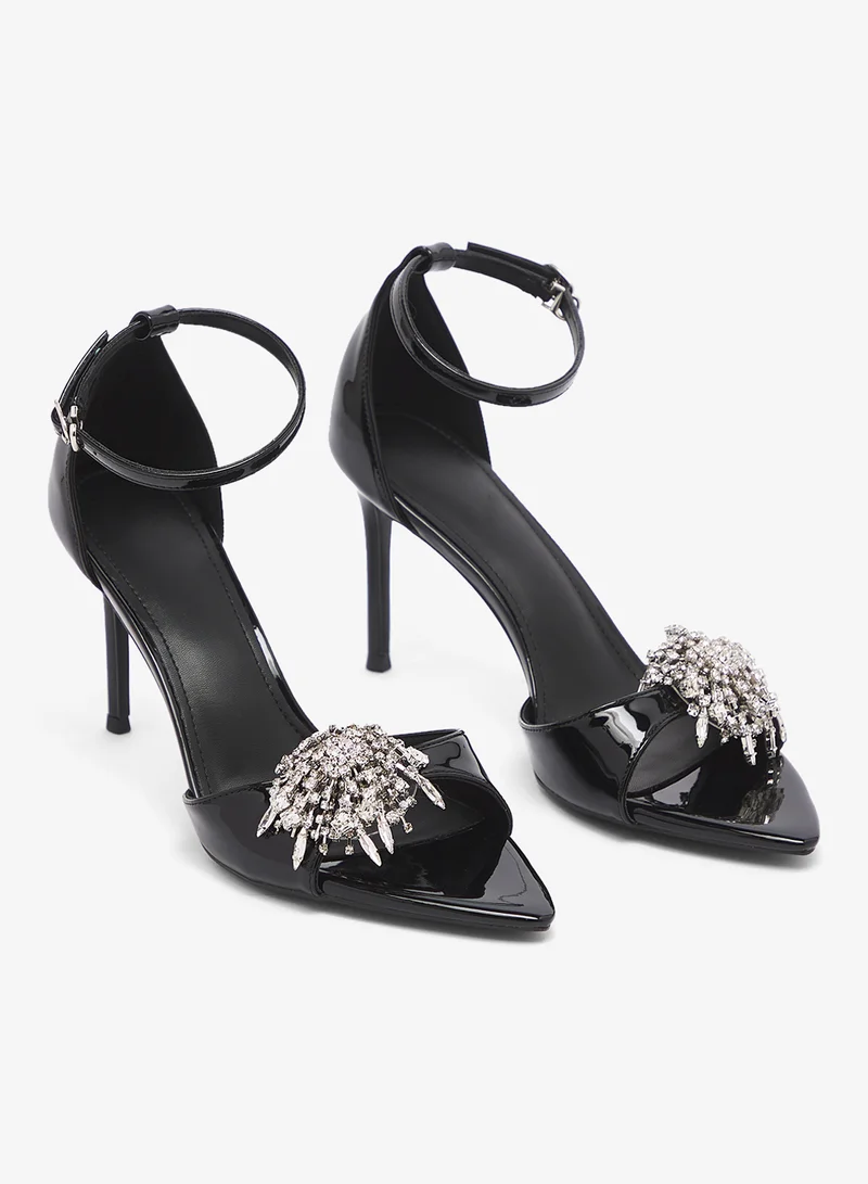 ELLA Black Silver Embellished Mid Heel Sandal for Women | Best Price UAE